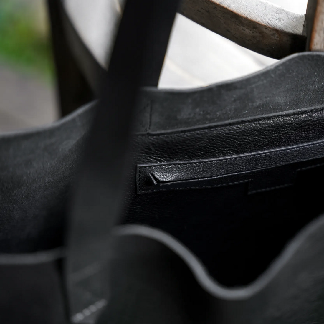 Black Leather Wide Tote Bag