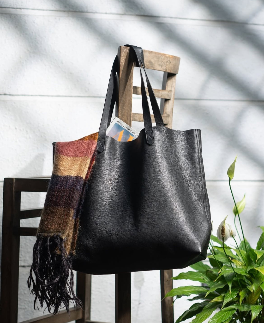 Black Leather Wide Tote Bag