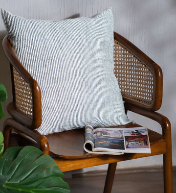 Black with White Stripes Linen Cushion Cover on a Wooden Chair
