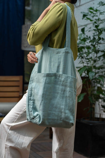 Blue Surf Linen Totes Bag With Internal & External Pockets