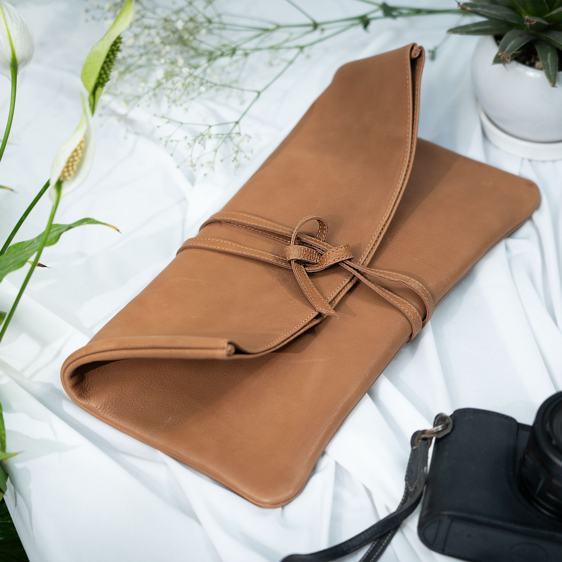 Caramel leather Clutch with Tie