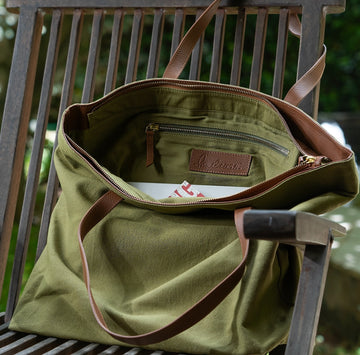 Canvas with Leather handle Wide Tote- Green Moss