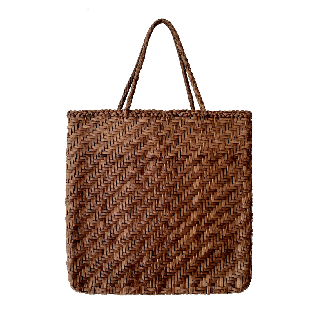 Woven brown braided leather tote bag with handles on a light gray background
