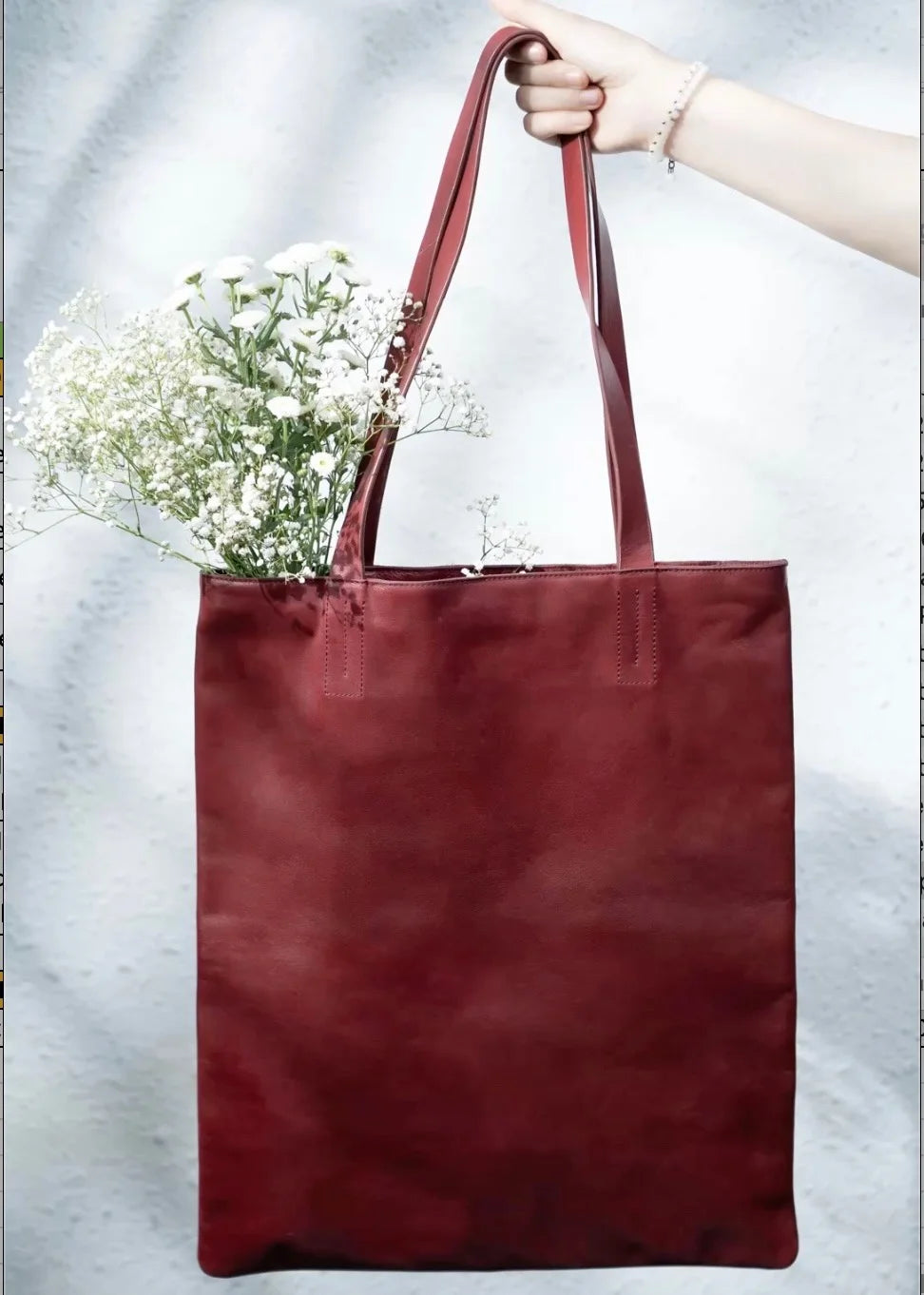 Genuine Leather Flat Tote Bag in Maroon