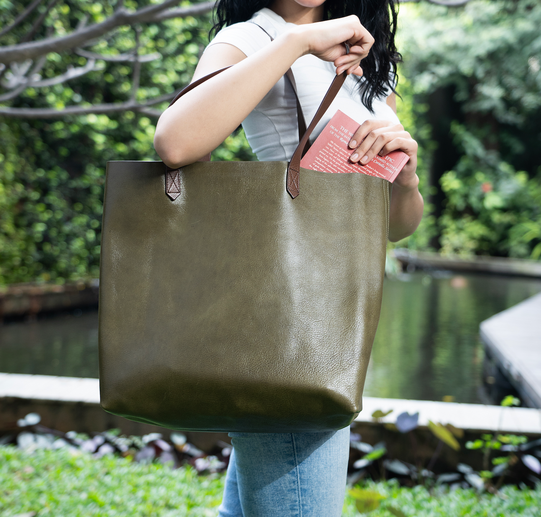 Moss Leather Wide Tote Bag