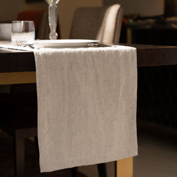 Natural (Beige) Long Linen Table Runner On a Wooden Table