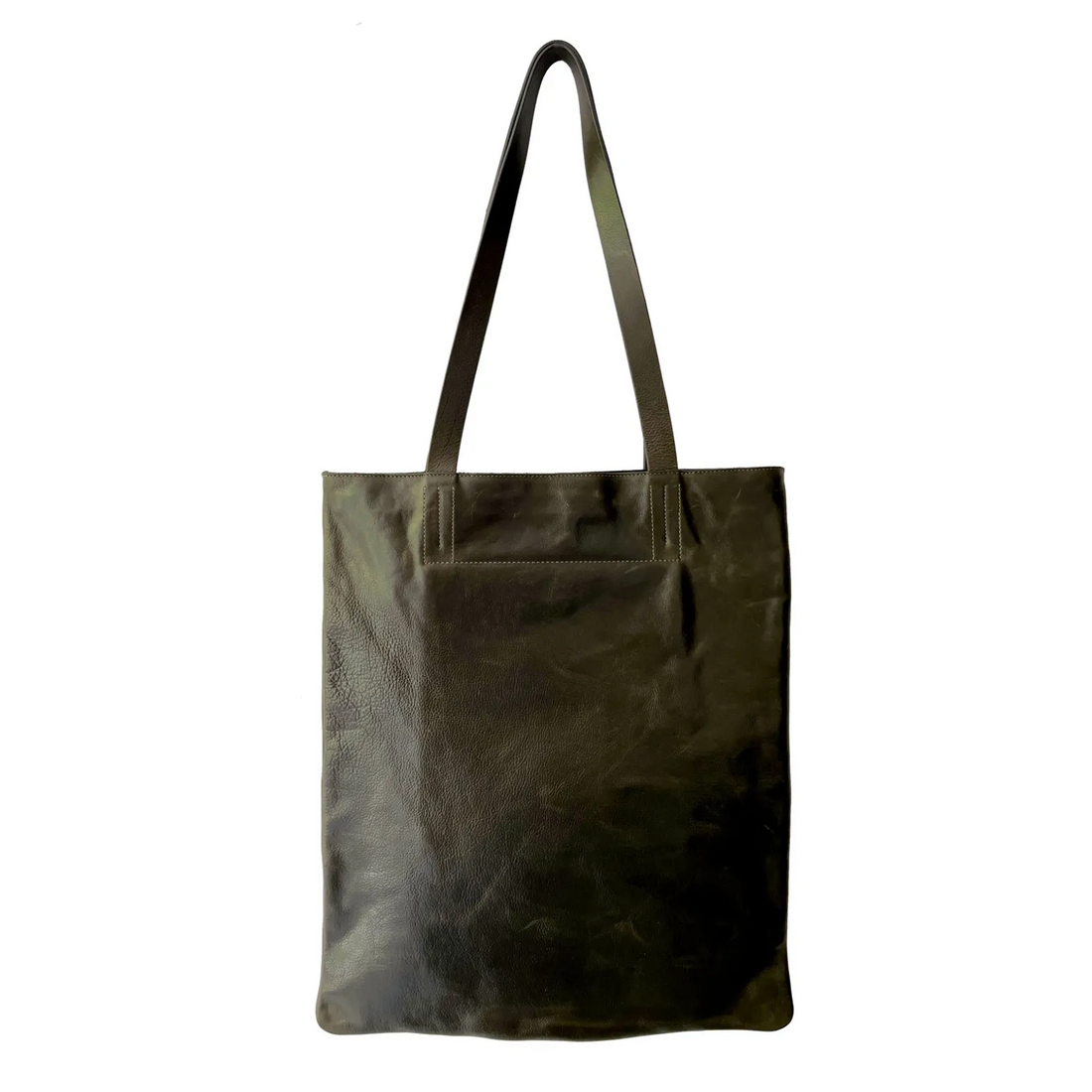 Person wearing a dark Leather tote olive green with a floral arrangement, with 'Style Essentials' text overlay.