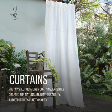 White Linen curtain hanging in a room with plants and a chair, with text about curtains.