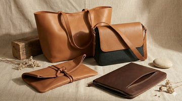 Soulesthetic’s premium minimalist accessories, including leather tote bags, women’s handbags, leather clutches, and a leather iPad cover, displayed on a linen backdrop for timeless everyday style.