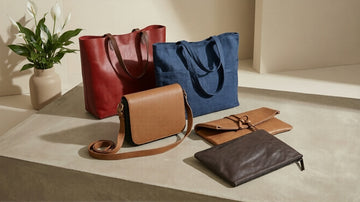 Five bags, including a large berry-colored leather tote, a blue linen tote, a tan leather handbag, a tan leather clutch, and a dark brown leather iPad cover, are displayed on a concrete plinth.