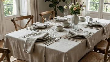 Elegant European dining room featuring a generously sized table styled with layered Belgian linen, soft ceramics, and warm natural light.