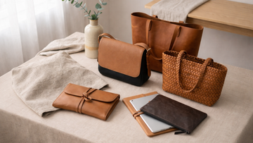 Leather bags and a tie-closure clutch arranged on a beige surface with soft natural light