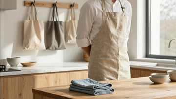 Belgian linen apron, linen-cotton kitchen towels, and eco-friendly cotton shopping bags styled in a beautiful modern kitchen.