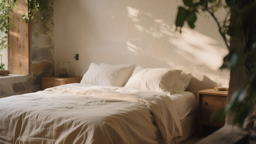 Elegant bedroom with natural Belgian linen bedding and minimalist decor