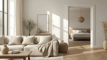 A sunlit living room with a beige sofa, linen curtain, and indoor plants opens into a bedroom with a wooden bed and rattan pendant light.