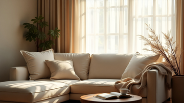 Cozy living room with cream Belgian linen curtains, layered neutral cushion covers on sofa, and textured throw blanket in warm natural lighting