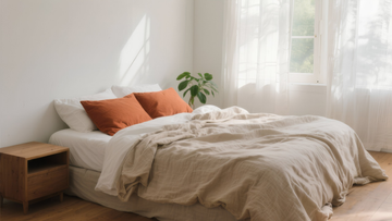 Luxury Belgian linen bedding in beige duvet cover and rust pillow covers on minimalist bedroom bed with white flat sheet and natural morning light - premium linen bedding set styling
