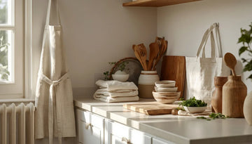 A kitchen counter featuring a wooden bowl, a cotton bag, cotton towels, and linen apron.