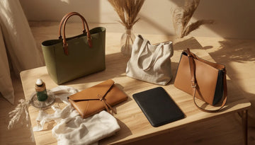 A table displaying leather tote bags, linen bags, clutches, and ipad covers.