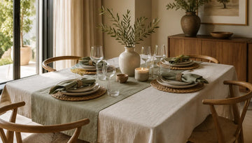 A dining table covered with a green linen tablecloth, runner, napkins surrounded by matching chairs, set for a meal 