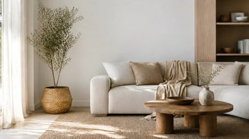 A stylish living room showcasing a white couch, linen Curtain throws, emphasizing comfort and elegance.