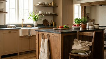 Warm modern kitchen with Belgian linen aprons, linen-cotton kitchen towels, reusable cotton shopping bags, wooden textures, and soft natural lighting.