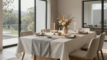 Modern luxury dining table set for six with white linen, grey runner, candles, and minimalist floral centerpiece in soft natural light.