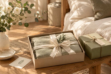 Elegant linen bedding gift set wrapped with a natural ribbon on a wooden table in a warm minimalist bedroom