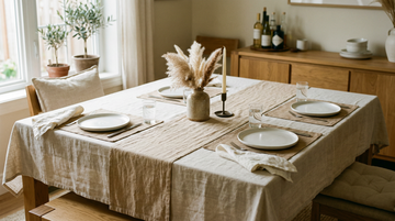 Natural Belgian linen tablecloth, table runner, placemats, and napkins styled on a sunlit rectangular dining table