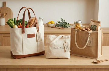 Three reusable tote bags made of canvas, soft cotton, and structured jute displayed side-by-side on a warm wooden countertop in a minimalist kitchen setting.
