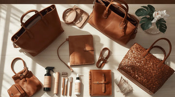 A collection of genuine leather bags with various cleaning accessories for maintenance and care.
