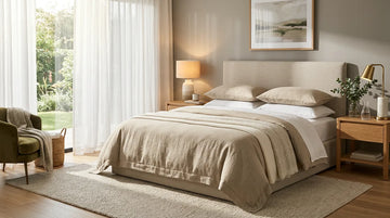 Luxury hotel-style bedroom featuring Belgian linen duvet cover, pillow covers, and flat sheet in soft neutral tones.