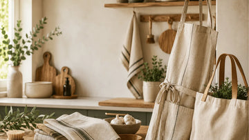 A kitchen scene with a wooden table displaying an apron, cotton towel, and a shopping bag 
