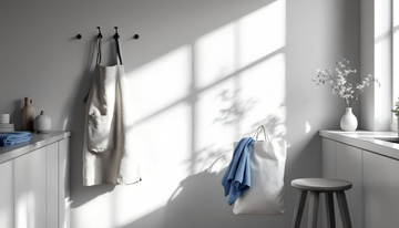 Bright modern kitchen showing apron, linen-cotton towels and cotton slub shopping bag from Soulesthetic.