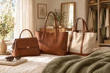 Leather handbag, leather tote, and canvas tote arranged in a warm, minimalist bedroom setting