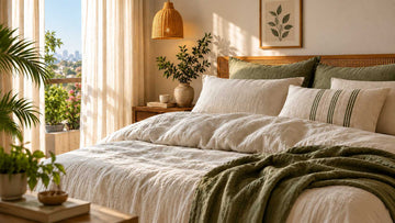  Linen bedding in a warm, natural Indian-style bedroom with earthy tones and soft sunlight.