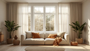A cozy living room with couch, a window adorned with linen curtains and decorative cushion covers. 