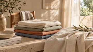 Natural fabric textures in neutral, sage, terracotta and blue-grey tones styled in a warm minimalist home interior