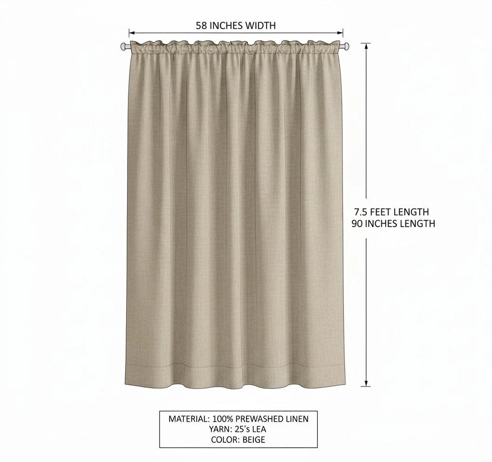 Beige curtain with dimensions and material details on a white background