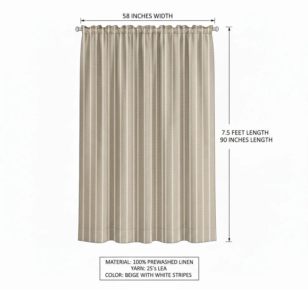 Beige curtain with white stripes and measurements on a white background
