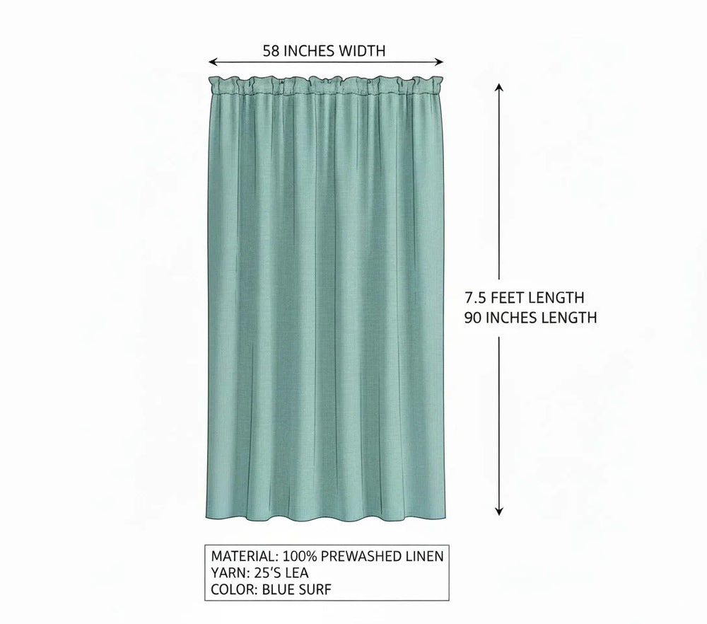 Teal curtain with measurements on a white background