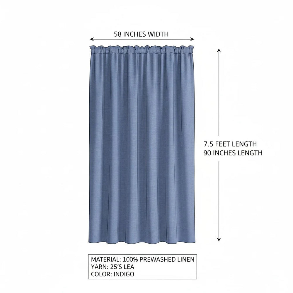Blue curtain with measurements and material details on a white background
