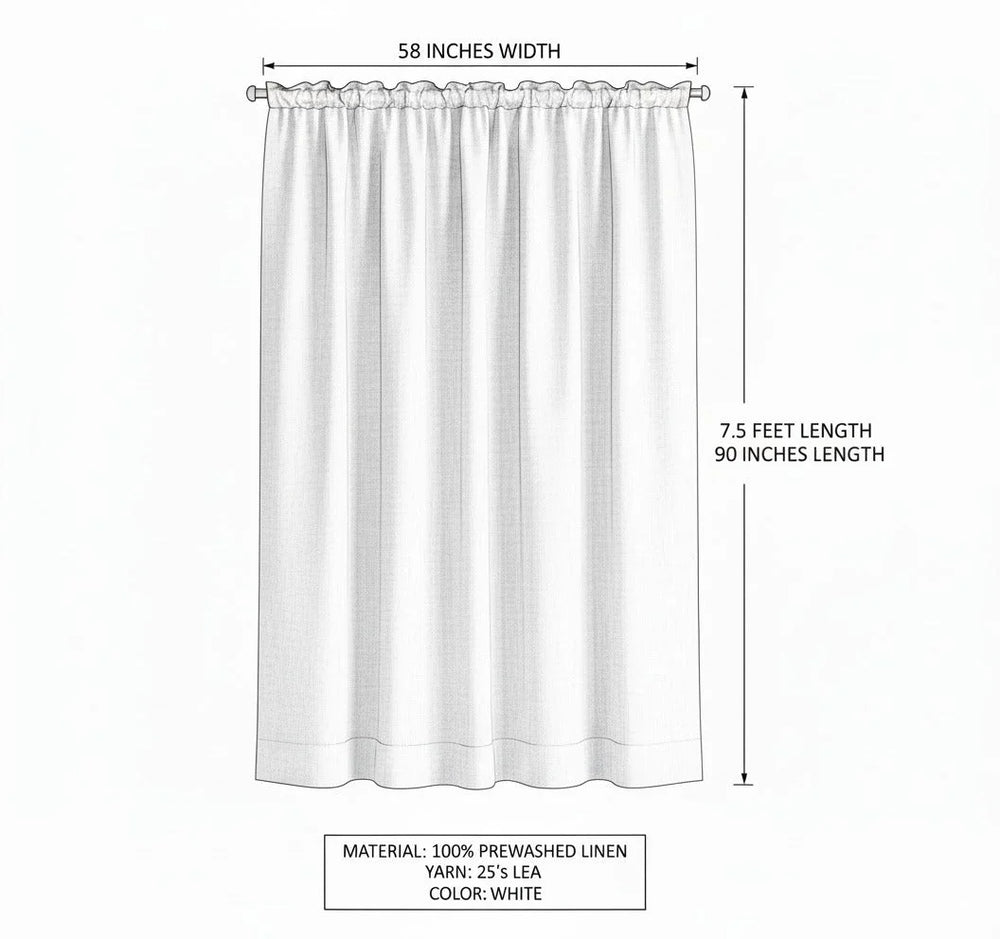 White curtain with dimensions and material details on a white background