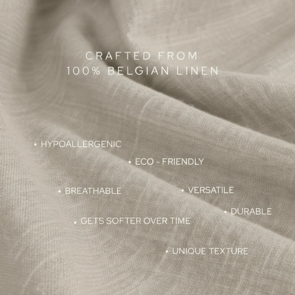 Textured fabric with features of 100% Belgian linen highlighted.