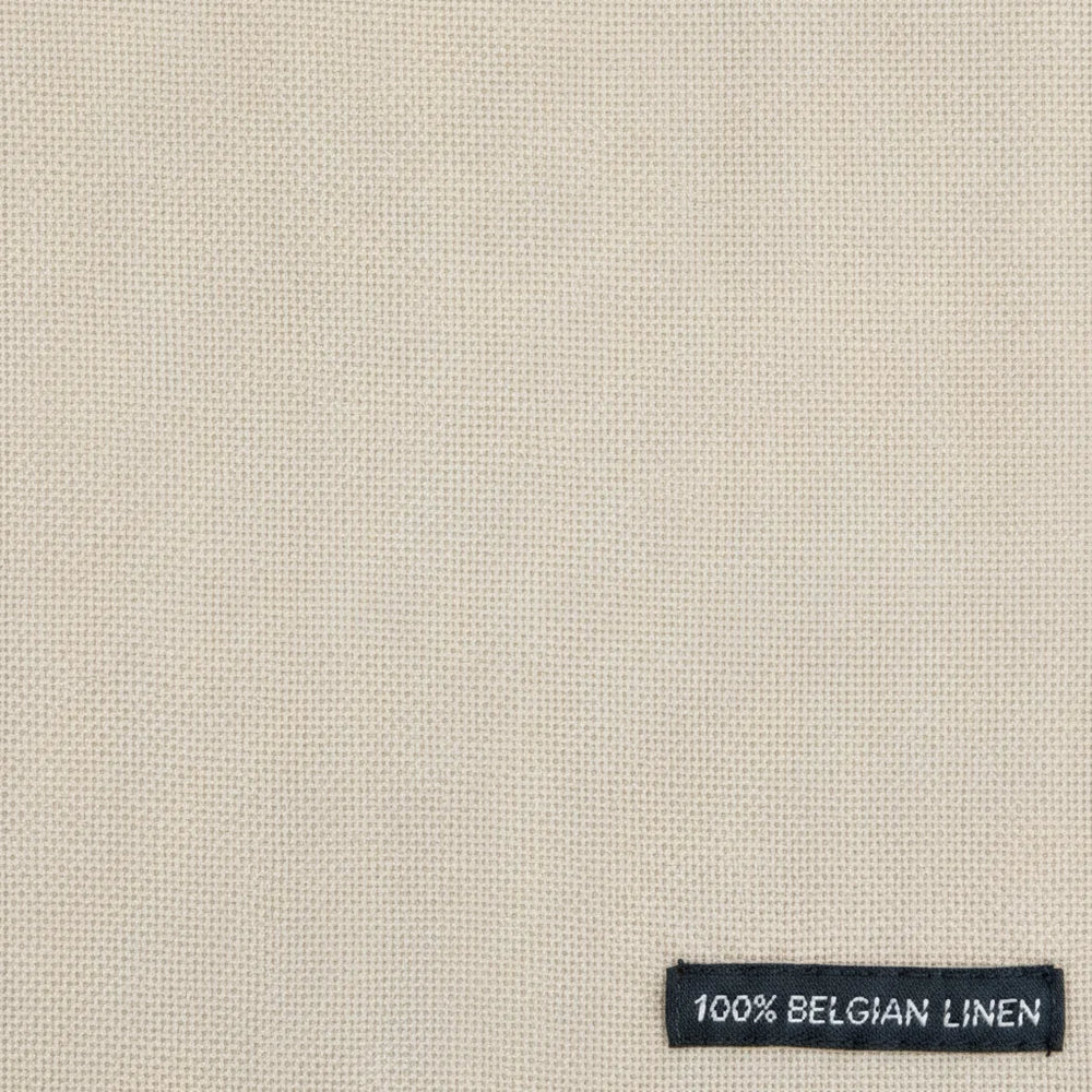 Beige fabric with a '100% Belgian Linen' label