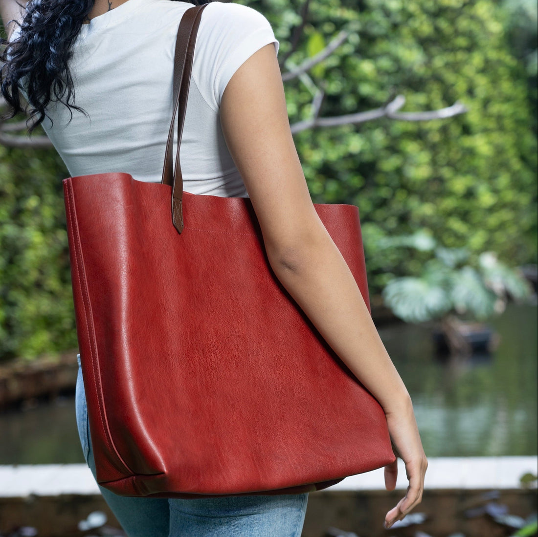 Berry Leather Wide Tote Bag