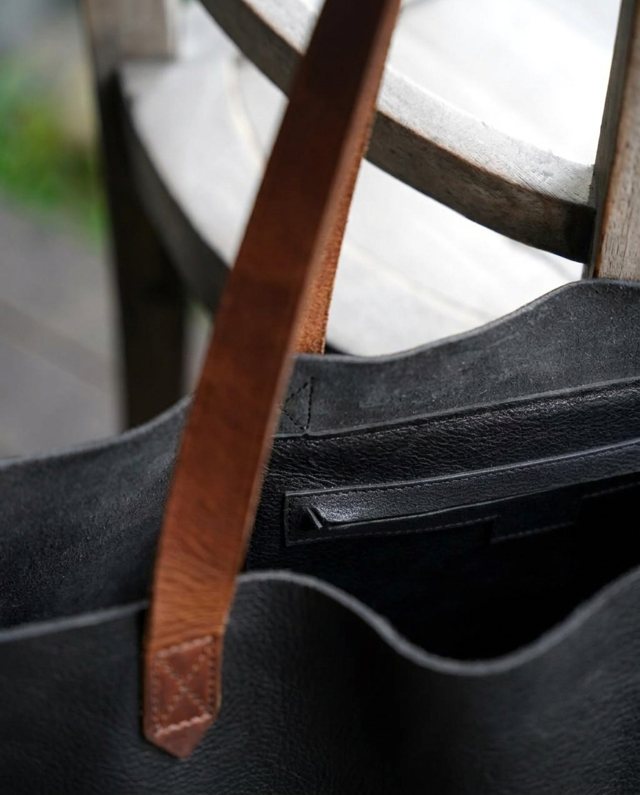 The Carryall Tote Black with Brown Handle
