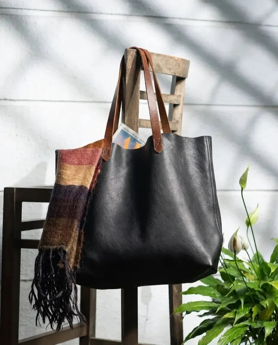 The Carryall Tote Black with Brown Handle
