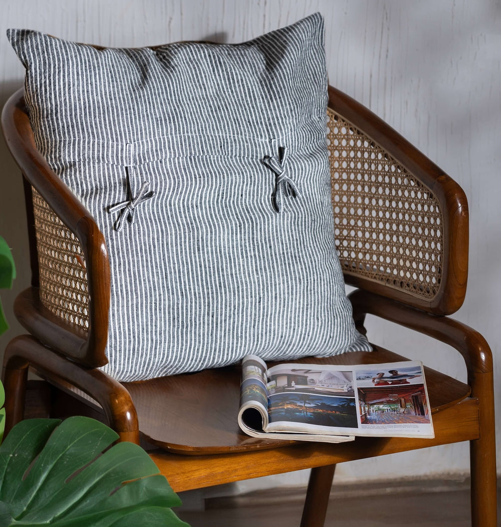 Black with White Stripes Linen Cushion Cover on a Wooden Chair