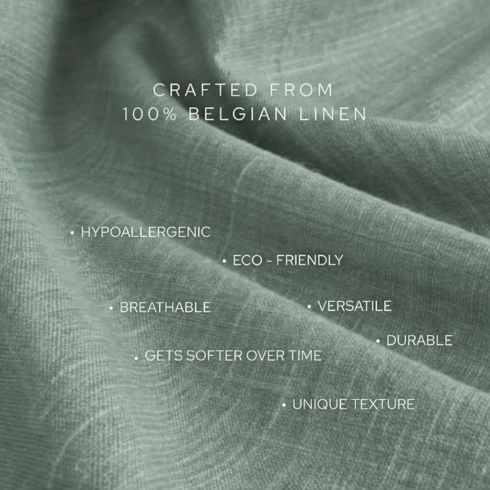 Textured fabric with descriptive text about Belgian linen